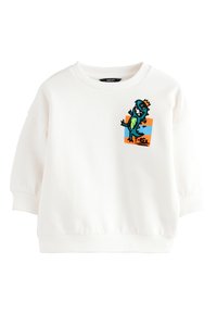 Hanorac alb cu gât rotund, cu o grafică colorată a unui T-Rex pe partea din față. Textură moale și manșete ribonate completează designul.