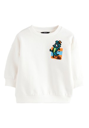 Balta sportinė palaidinė su apvalia iškirpte, priekyje spalvingas T-Rexo grafikos atvaizdas. Minkšta tekstūra ir riboti rankogaliai užbaigia dizainą.