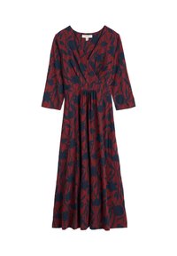 Rochie cu mânecă lungă, lungime până la gleznă, decolteu în V, talie ajustată, dintr-o țesătură roșie închisă cu un model floral mare de culoare bleumarin.