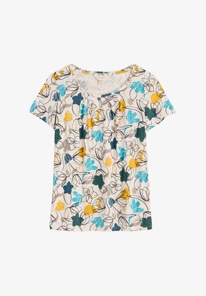 Korte mouwen, crèmekleurige blouse met een bloemenpatroon in teal, geel en zwart. Ronde halslijn met plooien aan de voorkant. Zacht materiaal.