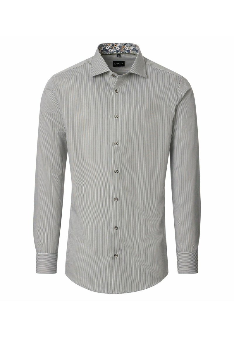 Męska koszula z długim rękawem zapinana na guziki z cienkimi pionowymi czarno-białymi paskami i kwiatowym detalem przy kołnierzyku.