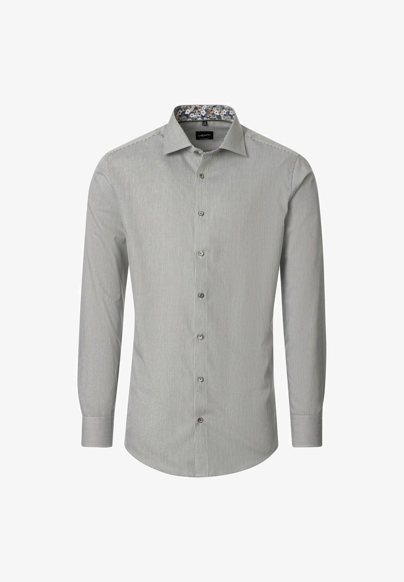 Męska koszula z długim rękawem zapinana na guziki z cienkimi pionowymi czarno-białymi paskami i kwiatowym detalem przy kołnierzyku.