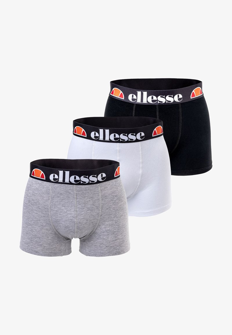 Boxershorts in Schwarz, Weiß und Grau; aus Baumwolle mit einem weichen, elastischen Bund, der den Markennamen "ellesse" in Weiß auf Schwarz trägt.