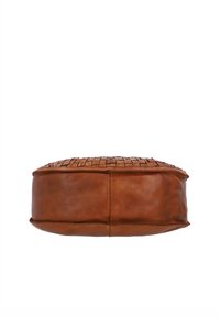 Round brown leather bag with woven top pattern and smooth sides, photographed from the bottom against a white background.