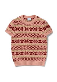 Svetr s krátkými rukávy s růžovým základem a červenými a zelenými vzory vloček a diamantů. Žebrovaný výstřih a lem.