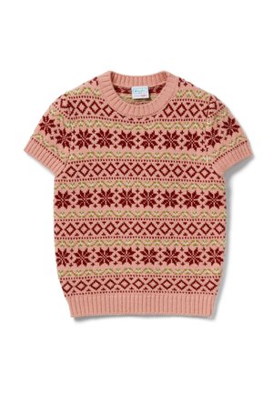 Svetr s krátkými rukávy s růžovým základem a červenými a zelenými vzory vloček a diamantů. Žebrovaný výstřih a lem.