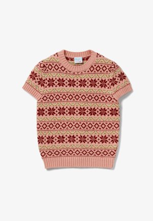 Suéter de manga corta con base rosa y patrones de copos de nieve y diamantes en rojo y verde. Cuello y dobladillo acanalados.
