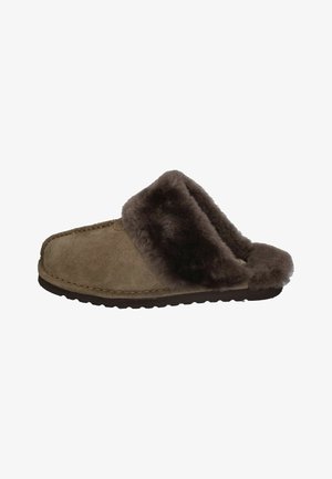 Brown suede slipper featuring a plush, dark brown faux fur lining, open back design, and stitched detailing along the sole.