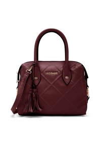 Borsa bordeaux in ecopelle trapuntata con ferrature dorate, due manici superiori, tracolla rimovibile e dettaglio con nappina.