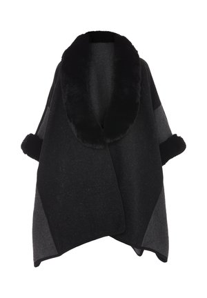 Poncho en mélange de laine noir et gris avec un col et des poignets en fausse fourrure, présentant un design ample et fluide ainsi qu'un ourlet asymétrique.