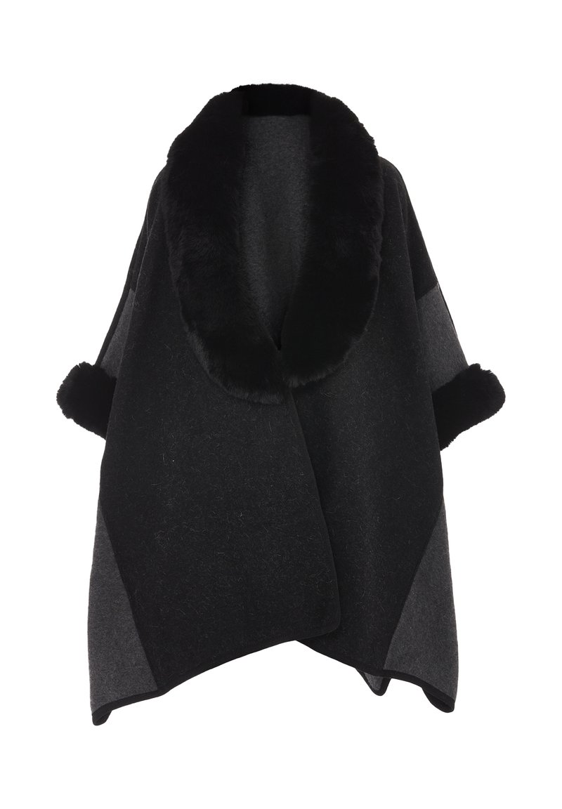 Musta ja harmaa villasekoitekankainen poncho, jossa on tekoturkis kaulus ja hihansuut. Poncholla on avara, valuva muotoilu ja epäsymmetrinen helma.