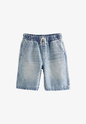 Svijetloplave traper kratke hlače s elastičnim pojasom i bijelim vezicama, s bočnim džepovima i efektom izblijedjelog pranja.