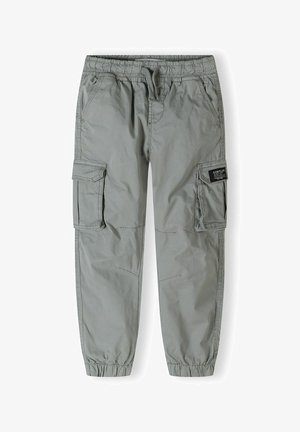 Grau Cargo-Hosen aus leichtem Stoff, mit elastischem Bund, Kordelzug und seitlichen Cargo-Taschen mit Klappenverschluss.