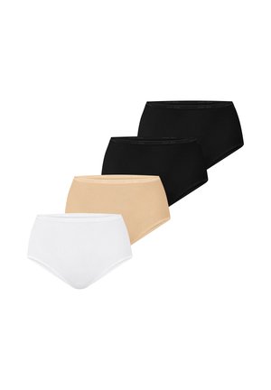 Vier Damen-Slips mit hohem Bund in Schwarz, Beige und Weiß, in versetzter Reihe auf weißem Hintergrund angeordnet.