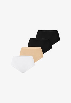 Vier dames hoge taille slips in zwart, beige en wit, in een verspringende rij gerangschikt op een witte achtergrond.