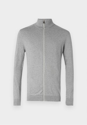 Gray zip-up jacket with a stand collar, made of soft knit fabric. Features long sleeves and a smooth zipper closure at the front.