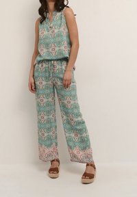 Floral patterned sleeveless top with a v-neck, paired with wide-leg trousers. Colorful turquoise with peach accents and light fabric texture.