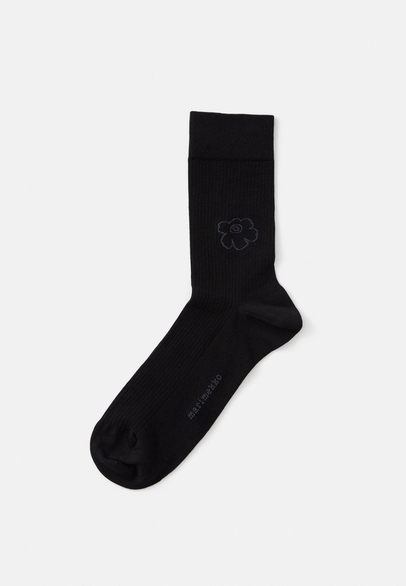 Black cotton sock with ribbed texture, featuring a small dark floral pattern near the cuff and branding located at the foot's edge.