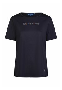 Navyblaue Baumwoll-T-Shirt mit kurzen Ärmeln, ausgestattet mit mehrfarbigem Strass-Text "WIR SIND GLÜCKLICH" auf der Vorderseite und Logodetail am Saum.