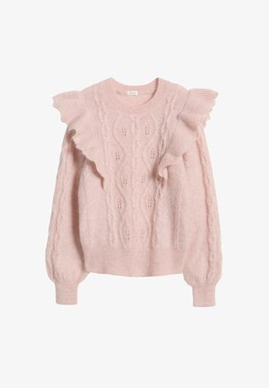 Lichtroze gebreide trui met een kabelpatroon, gekleurde schouderaccenten en ribbelmanchetten en -zoom. Zachte textuur, ronde halslijn.