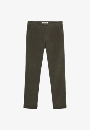 Pantaloni in corduroy verde oliva con chiusura a bottone e zip, dotati di tasche laterali e design a gamba dritta. Texture liscia.