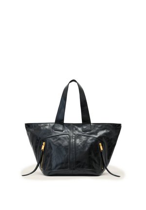 Geantă tote din piele neagră, cu două mânere, două buzunare frontale cu fermoare aurii și o formă largă, puțin lăsată.