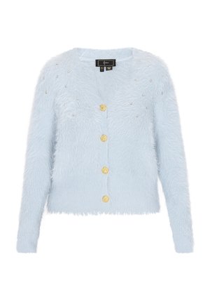 Himmelblauer, flauschiger Cardigan mit langen Ärmeln, rundem Ausschnitt, fünf goldenen Knöpfen und dekorativen klaren Perlen auf den Schultern.