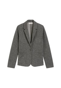 Grijze, gestructureerde blazer met een enkele knoopsluiting, met notch-revers en twee voorzakken. Eenvoudig, op maat gemaakt ontwerp.
