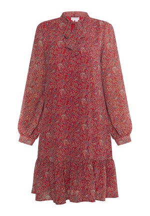 Rotes Blumenkleid aus leichtem Stoff, mit einem Rüschenausschnitt, langen Puffärmeln und einem gestuften Saum in lockerer Passform.