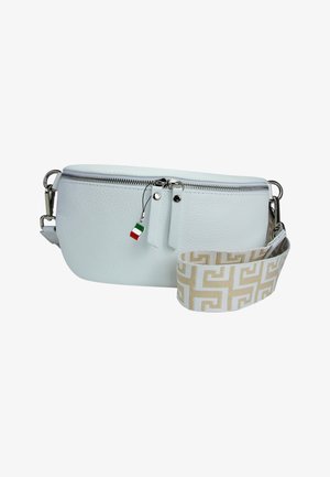 White textured leather crossbody bag with silver zipper, detachable patterned beige and white strap, and small Italy flag charm on zipper pull.
