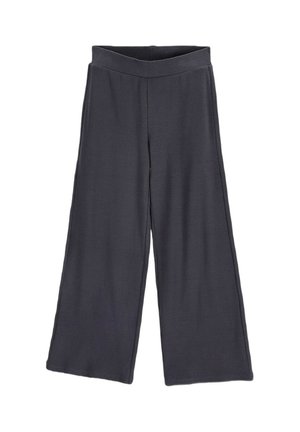 Dark gray wide-leg pants with an elastic waistband, made from soft, knit fabric, laid flat on a white background.