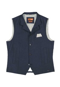 Dunkelblaue Weste aus strukturiertem Stoff mit Reverskragen, Vorderknöpfen, zwei Seitentaschen und einer Brusttasche mit weißem Akzent.