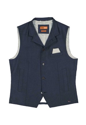 Dunkelblaue Weste aus strukturiertem Stoff mit Reverskragen, Vorderknöpfen, zwei Seitentaschen und einer Brusttasche mit weißem Akzent.