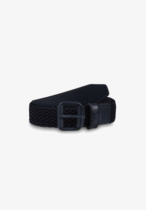 Cintura in tessuto intrecciato blu navy con una morbida fascia in pelle, dotata di una fibbia in metallo nero opaco e di un delicato logo stampato sulla pelle.