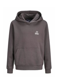 Felpa grigia con cappuccio realizzata in un tessuto morbido. Presenta una tasca a marsupio e un piccolo logo sul petto. Adatta per abbigliamento informale.