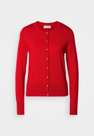 Rode gebreide cardigan met een ronde halslijn, knoopsluiting aan de voorkant en geribde manchetten. Beschikt over een gladde textuur en metalen knoopaccenten.