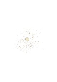 Clear liquid droplets of various sizes scattered on a white background with one larger droplet near the center.