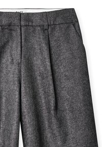 Gray tailored trousers made of a textured fabric, featuring front pleats, a straight leg design, and a plain waistband.