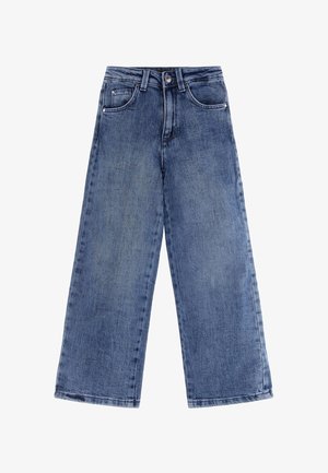 Blauwe denim spijkerbroeken met wijde pijpen, een middelhoog taille, twee steekzakken aan de voorkant en een knoopsluiting. De stof heeft een zachte textuur met lichte vervaging.