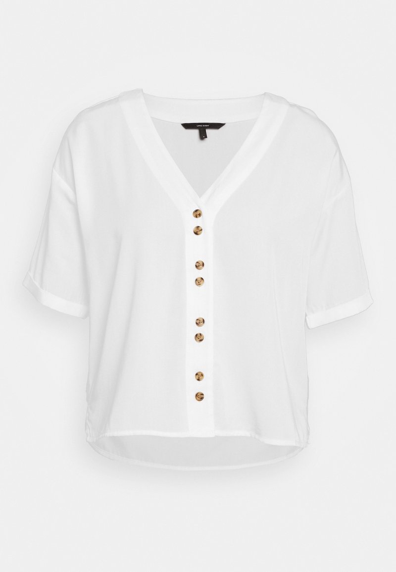 Blusa bianca a maniche corte con scollatura a V, caratterizzata da bottoni dorati sul davanti, texture liscia e vestibilità rilassata con orlo arrotondato.