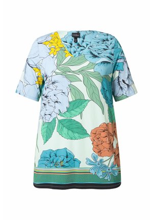 Kortærmet bluse lavet af letvægtstof, med et blomstermønster i blå, orange og gul på en lys grøn baggrund.