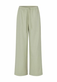 Lichtgroene wijde broek van een zachte stof. Voorzien van een elastische tailleband met een trekkoord en eenvoudige zoomdetails.