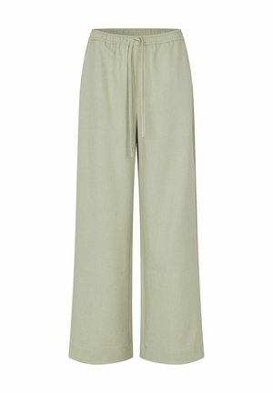 Lichtgroene wijde broek van een zachte stof. Voorzien van een elastische tailleband met een trekkoord en eenvoudige zoomdetails.