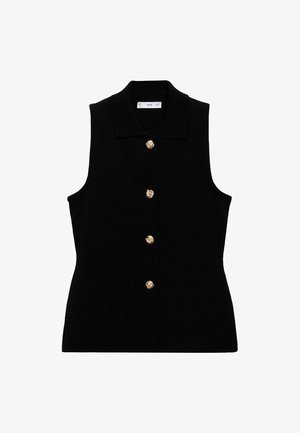 Gilet senza maniche nero con colletto, caratterizzato da chiusure a bottoni in tono oro. Realizzato in tessuto tessurizzato, con forma attillata e design classico.