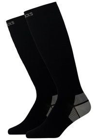 Black knee-high socks with a ribbed texture, featuring a silver and gray accent design near the heel and branding at the top.