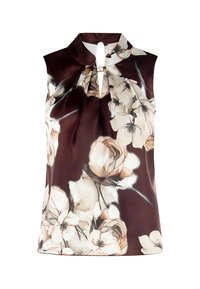 Top senza maniche di colore marrone con colletto alto, chiusura a chiave sul davanti e grande stampa floreale morbida beige e bianca.