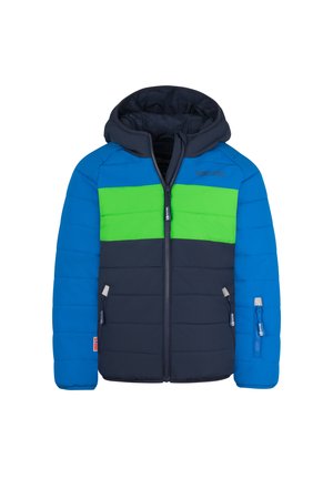 Padded jacket in blue, green, and navy, featuring a hood, zippered front, and two side pockets. Textured, quilted design with color blocking.