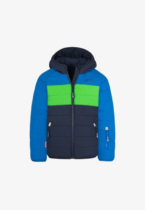 Padded jacket in blue, green, and navy, featuring a hood, zippered front, and two side pockets. Textured, quilted design with color blocking.
