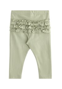 Lys grønne leggings lavet af blødt stof, med en rynket talje med flere lag og elastik for komfort.