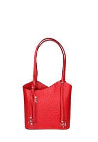 Rode struisvogel leren tote bag met een getextureerd oppervlak, twee lange handvatten en een ritsvak aan de zijkant. Open bovenkant ontwerp.